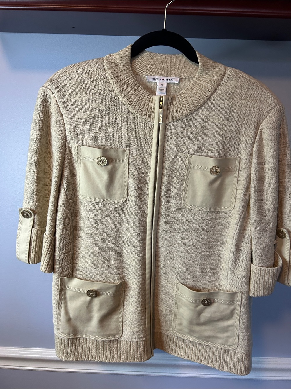 St. John Cream Zip-Front Knit Blazer Jacket